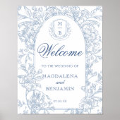 Elegante  Franse Blauwe Bloemen Toile Welkom Poster (Voorkant)