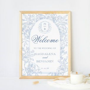 Elegante  Franse Blauwe Bloemen Toile Welkom Poster