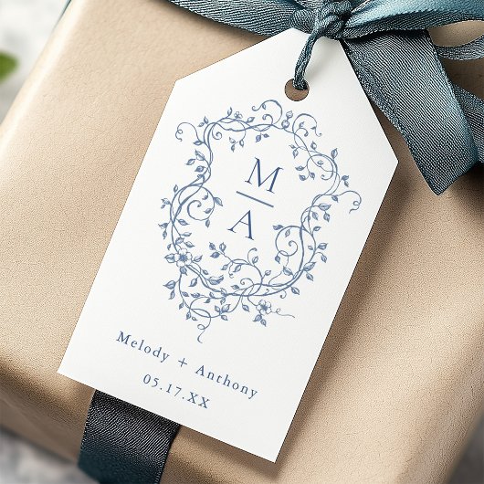 Elegante Franse Blauwe Bloemenkam bruiloft Cadeaulabel