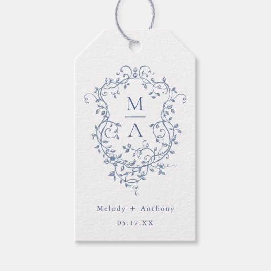 Elegante Franse Blauwe Bloemenkam bruiloft Cadeaulabel (Voorkant)