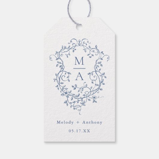 Elegante Franse Blauwe Bloemenkam bruiloft Cadeaulabel (Achterkant)