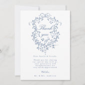 Elegante Franse Blauwe Bloemenkam Trouwfoto Bedankkaart (Voorkant)