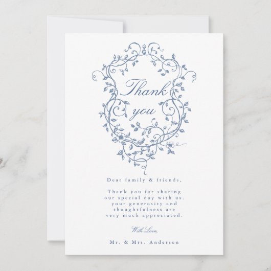 Elegante Franse Blauwe Bloemenkam Trouwfoto Bedankkaart (Voorkant)