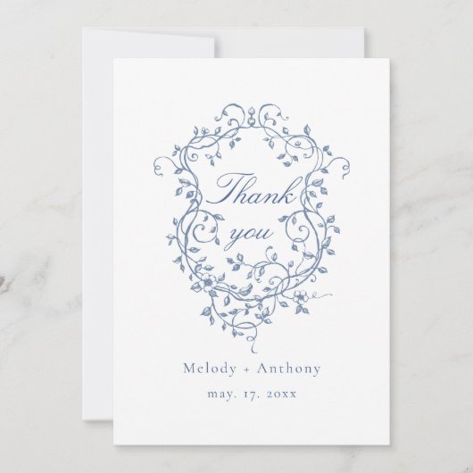 Elegante Franse Blauwe Bloemenkam Trouwfoto Bedankkaart (Voorkant)