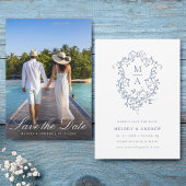 Elegante Franse Blauwe Bloemenkam Trouwfoto Save The Date