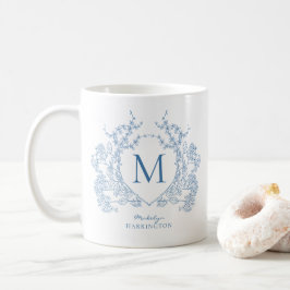 Elegante  Franse Blauwe Bloemkam Monogram Koffiemok
