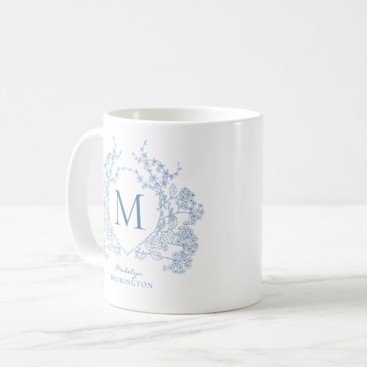 Elegante Franse Blauwe Bloemkam Monogram Koffiemok (Voorkant links)