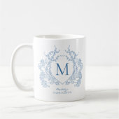 Elegante  Franse Blauwe Bloemkam Monogram Koffiemok (Links)