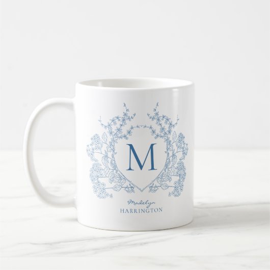 Elegante  Franse Blauwe Bloemkam Monogram Koffiemok (Links)