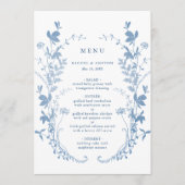 Elegante Franse Blauwe Botanische Bruiloft Menu (Voorkant)