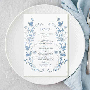 Elegante Franse Blauwe Botanische Bruiloft Menu