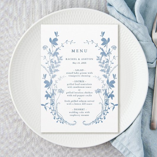 Elegante Franse Blauwe Botanische Bruiloft Menu