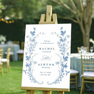Elegante Franse Blauwe Botanische Trouw Welkom Poster