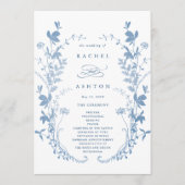 Elegante Franse Blauwe Botanische Trouwceremonie Programmakaart (Voorkant)