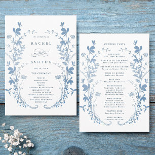 Elegante Franse Blauwe Botanische Trouwceremonie Programmakaart