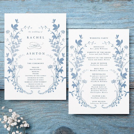 Elegante Franse Blauwe Botanische Trouwceremonie Programmakaart