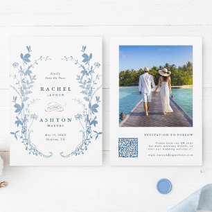 Elegante Franse Blauwe Botanische Trouwfoto Save The Date