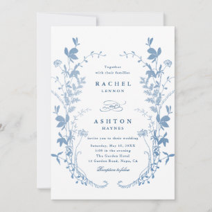Elegante Franse Blauwe Botanische Trouwuitnodiging Kaart
