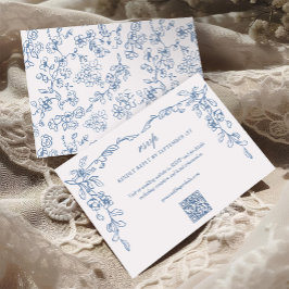 Elegante Franse Blauwe QR Code Vintage bruiloft RSVP Kaartje