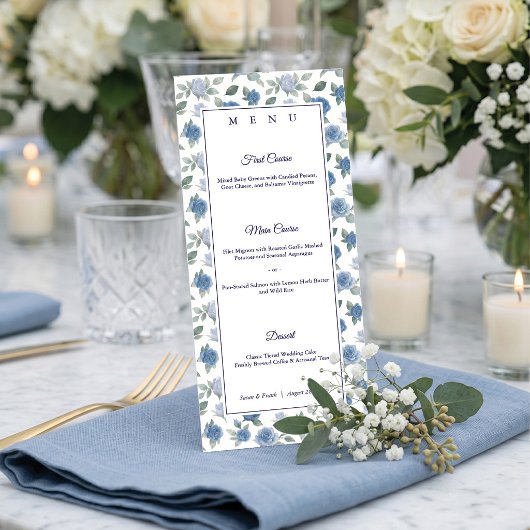 Elegante Franse Blauwe Roos Waterverf Trouwfeest Menu