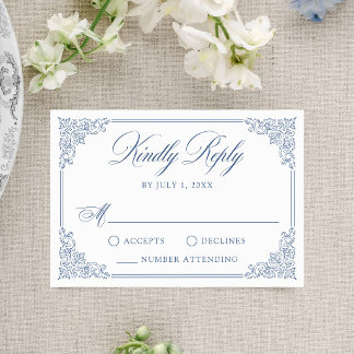 Elegante Franse Blauwe Vintage Sierlijke Trouwkaar RSVP Kaartje