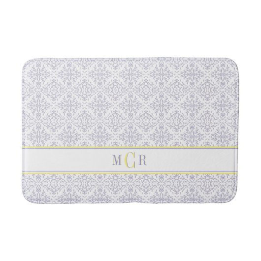 Elegante Franse Blauwe Witte Gele Damast Monogram Badmat (Voorkant)
