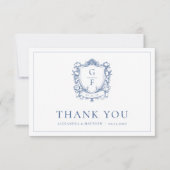 Elegante Franse Bloemen Blauw Monogram Crest bruil Bedankkaart (Voorkant)