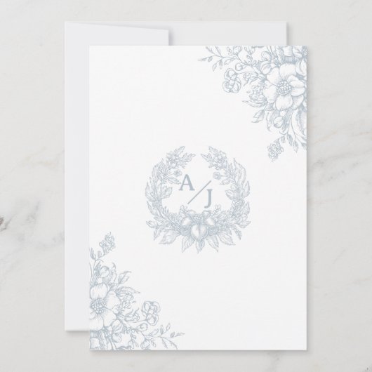 Elegante Franse Bloemen Blauw Toile bruiloft Kaart (Achterkant)