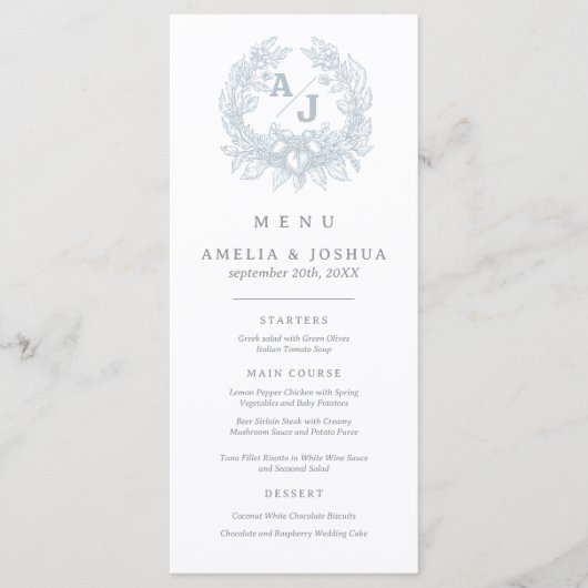 Elegante Franse Bloemen Blauw Toile bruiloft Menu (Voorkant)