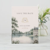 Elegante Franse Château Monogram Huwelijk Save The Date (Staand voorkant)