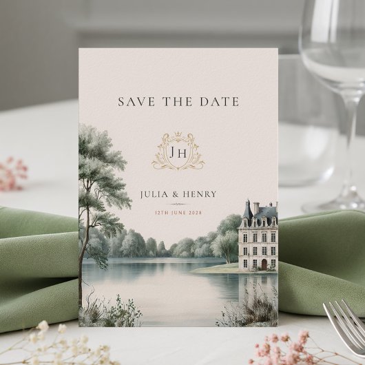 Elegante Franse Château Monogram Huwelijk Save The Date
