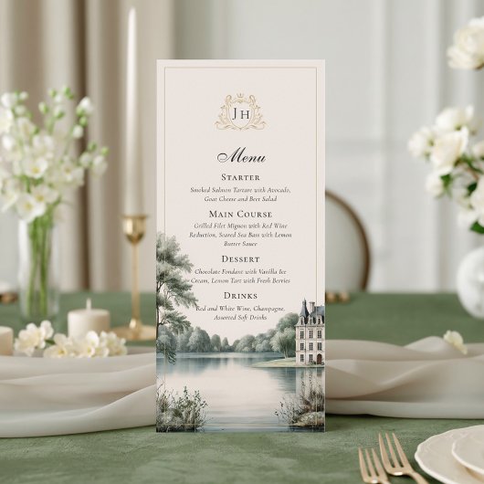 Elegante Franse Château Monogram Huwelijksmenu kaa Menu