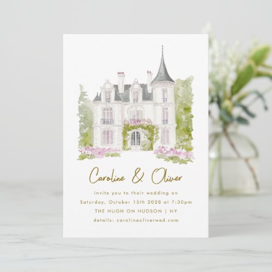 Elegante Franse Chateau Waterverf bruiloft Kaart (Staand voorkant)