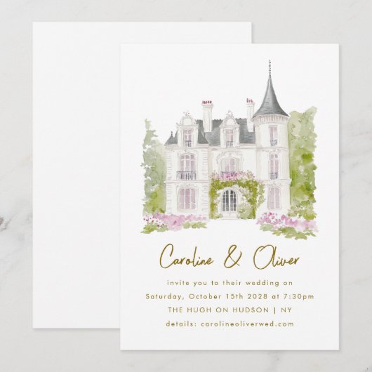Elegante Franse Chateau Waterverf bruiloft Kaart (Voorkant / Achterkant)