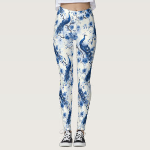 Elegante Franse Chinoiserie Blauwe Waterverf Pauw Leggings