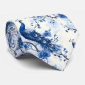 Elegante Franse Chinoiserie Blue Peacock Waterverf Stropdas (Opgerold)