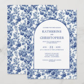 Elegante Franse Country Blue Toile Floral Wedding Kaart (Voorkant / Achterkant)