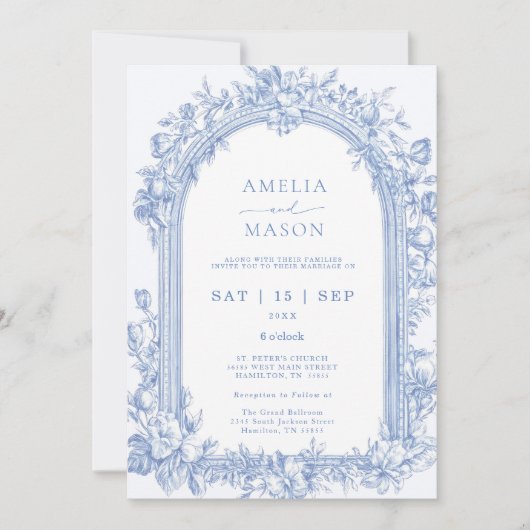 Elegante Franse Dusty Blue Arch Wedding Kaart (Voorkant)
