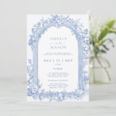 Elegante Franse Dusty Blue Arch Wedding Kaart (Staand voorkant)
