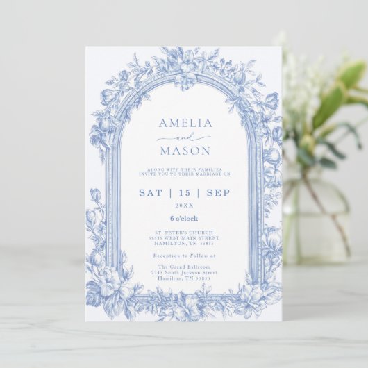 Elegante Franse Dusty Blue  Arch Wedding Kaart (Staand voorkant)