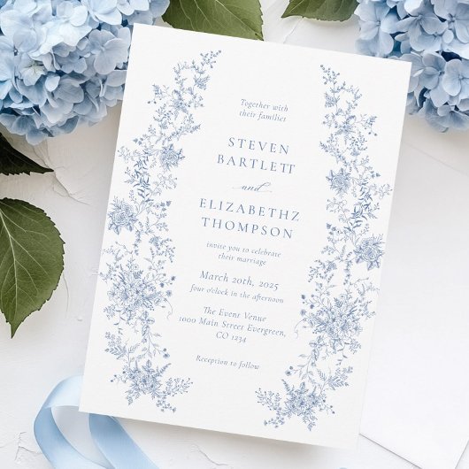 Elegante Franse Floral Dusty Blue Wedding Kaart