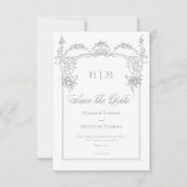 Elegante Franse Grijs Victoriaans Chinoiserie brui Save The Date (Voorkant)