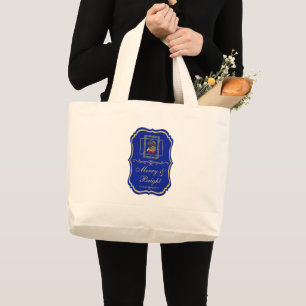 Elegante Franse Hoorn Kerst Koningsblauw Embleem Grote Tote Bag