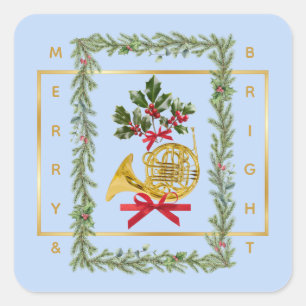 Elegante Franse Hoorn Kerst Lichtblauw Vierkante Sticker