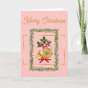 Elegante Franse Hoorn Kerst Roze Feestdagen Kaart