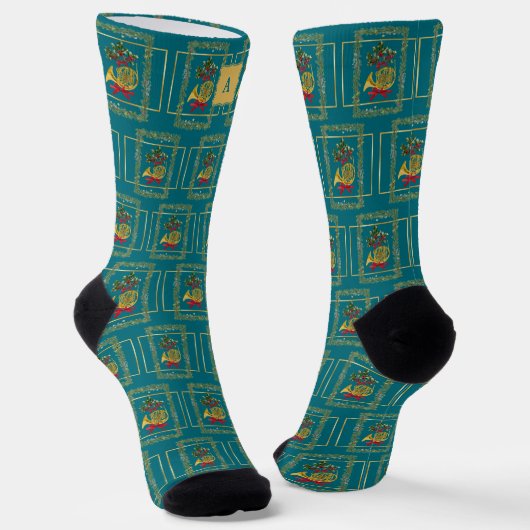Elegante Franse Hoorn Kerst Teal Monogram Sokken (Gebogen)