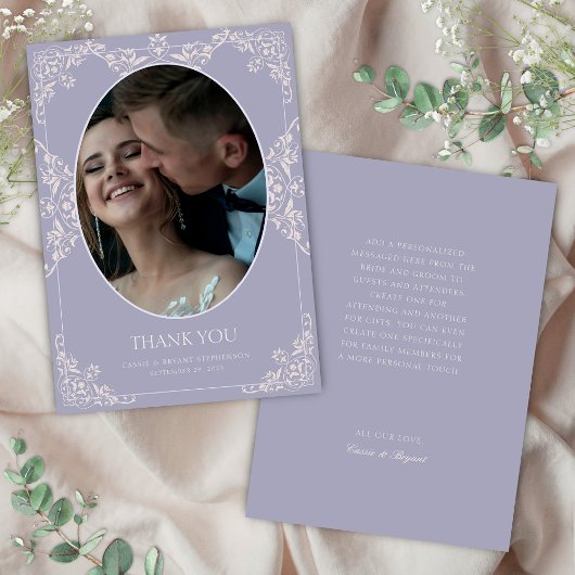 Elegante Franse Lila Chic Vintage Trouwfoto Bedankkaart