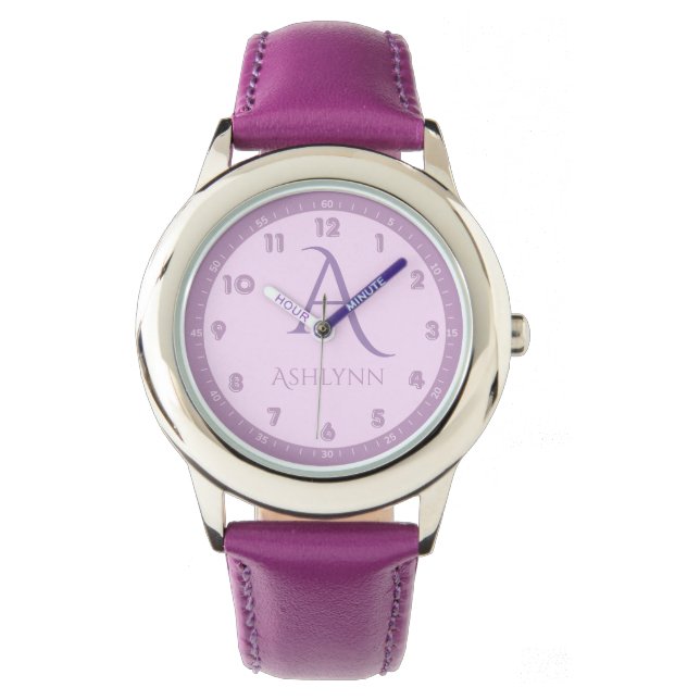 Elegante Franse Lila Kinder Monogram Horloge (Voorkant)