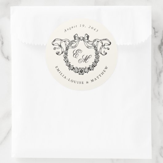 Elegante Franse monogramkrans bruiloft Ronde Sticker (Tas)