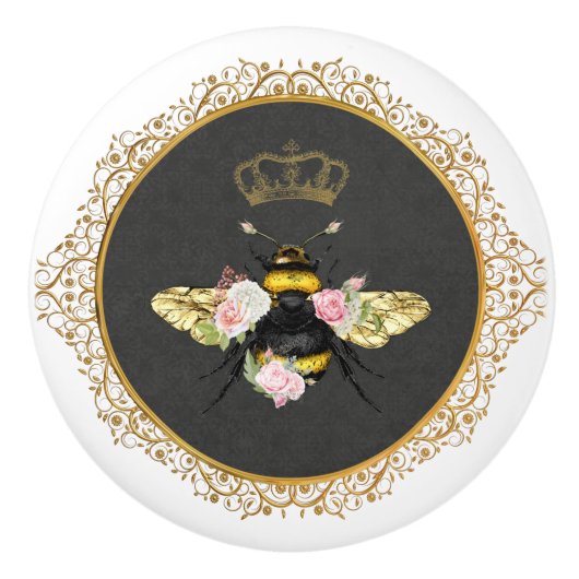 Elegante Franse Queen Bee Pink Roses Grijs Goud Keramische Knop (Voorkant)